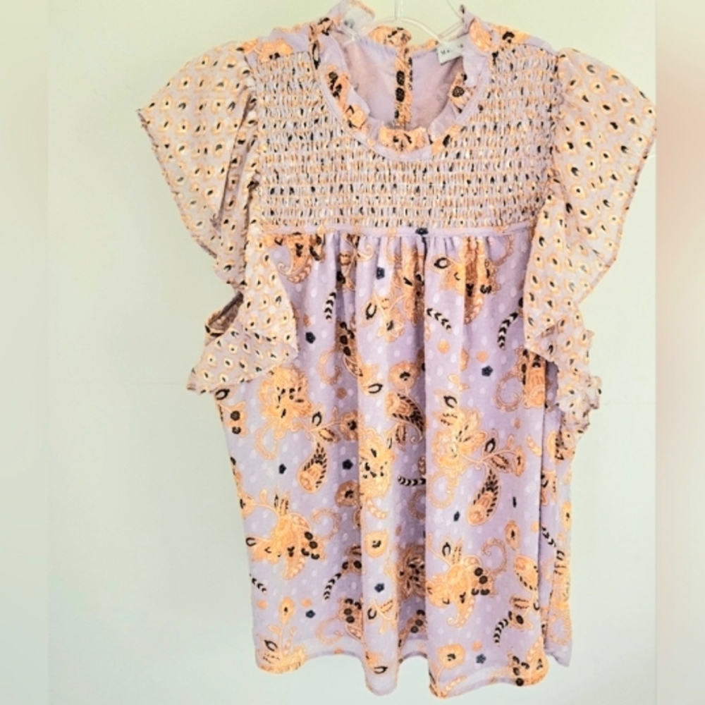 Madison d'Amelia Lavender Floral Ruffle Sleeve Top Smocked Cottagecore
